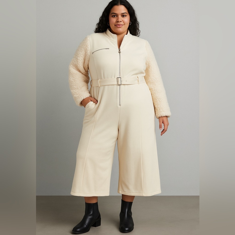 Eloquii Sherpa sleeve fleece line bottom zipped front wide leg jumpsuitm size 24